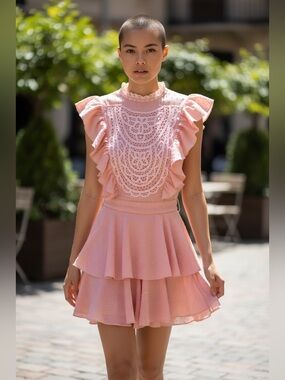 Lace-Detail Pink Ruffle Romper